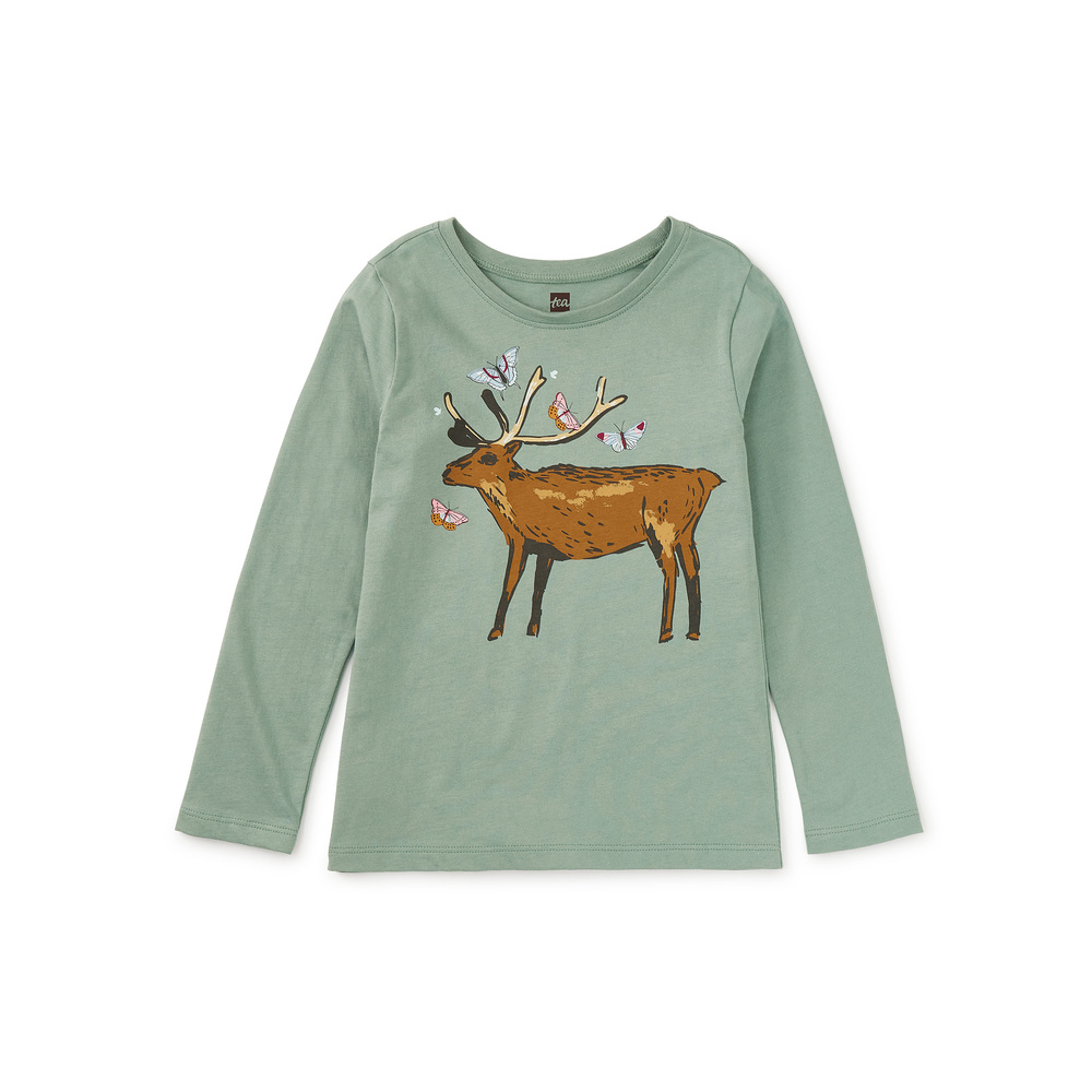 Tea Collection Girls Green Deer Long Sleeve T-Shirt size: 5T